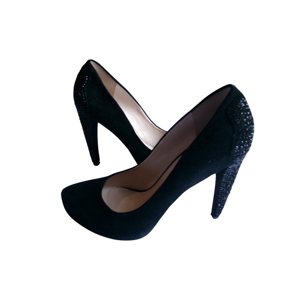 Nine West Mindoldfeet Black Suede Crystal Platform Pumps Heels Size 8M
